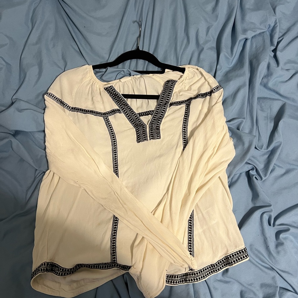 GAP Cream and Black Embellished Long Sleeve Blouse